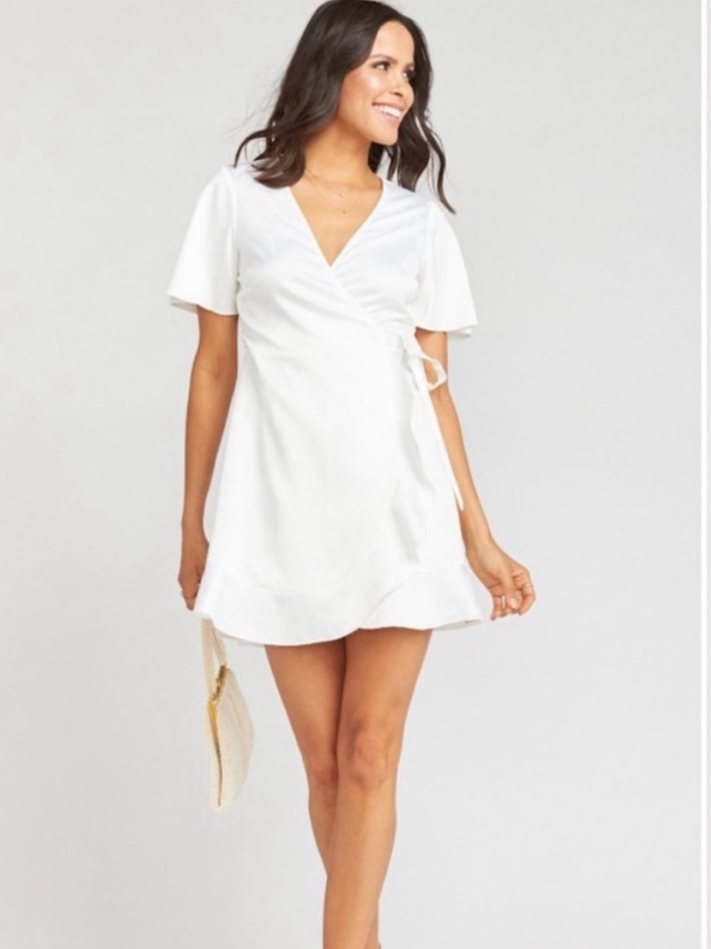 Show me your MuMu “Barton” Mini White Wrap Dress with Ruffle Hem